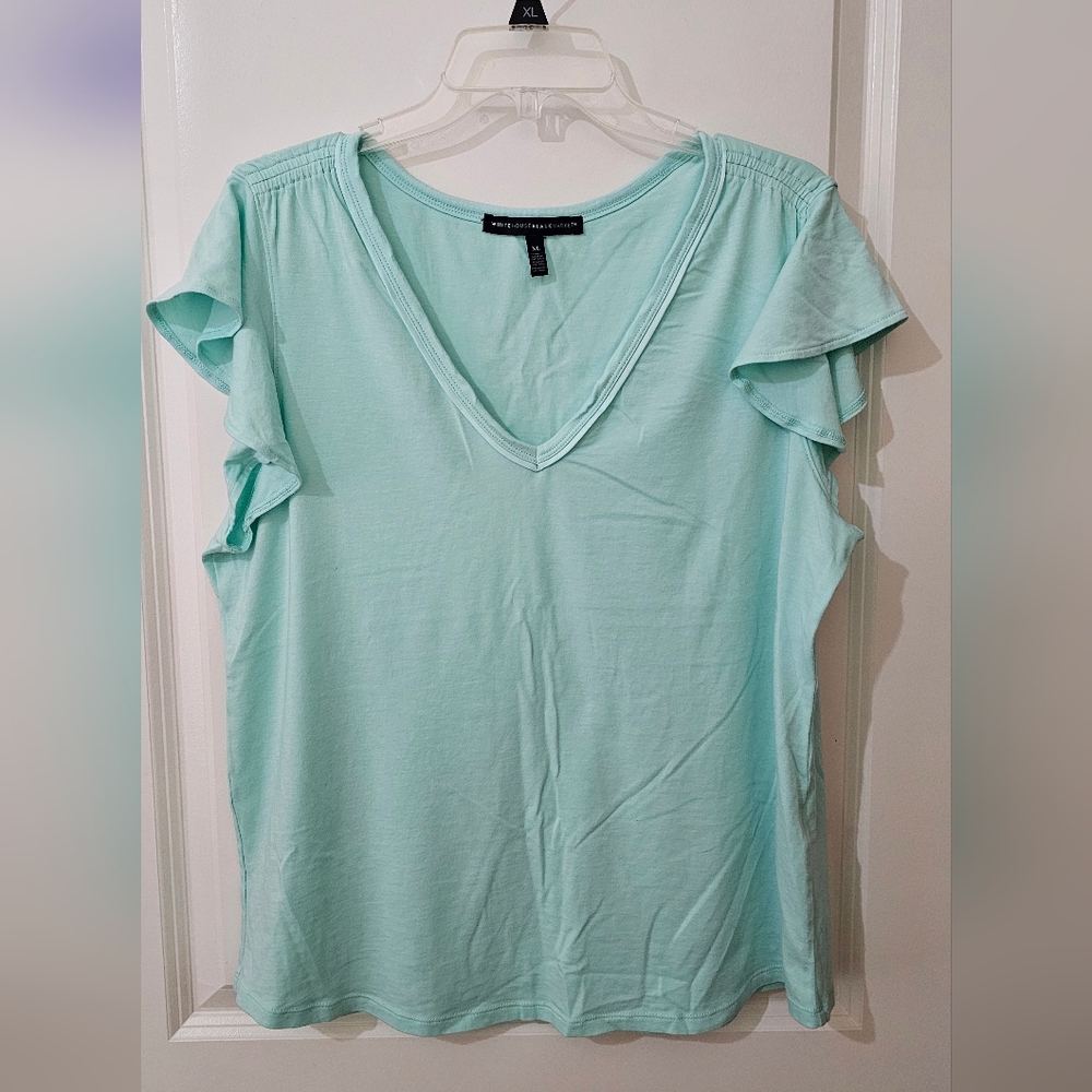Glamgetter Tee By White House Black Market Mint GreenV-Neck Ruffle Sleeve Top